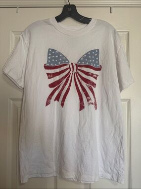 White Tee with American Flag Bow Graphic